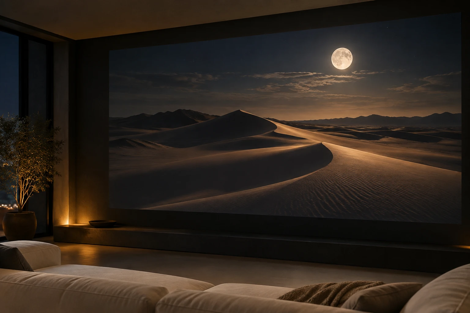 Illustrative nighttime living room with a desert and moon scene projected across the wall