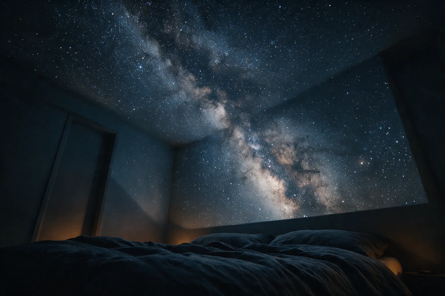 Illustrative bedroom at night with the Milky Way projected across the ceiling