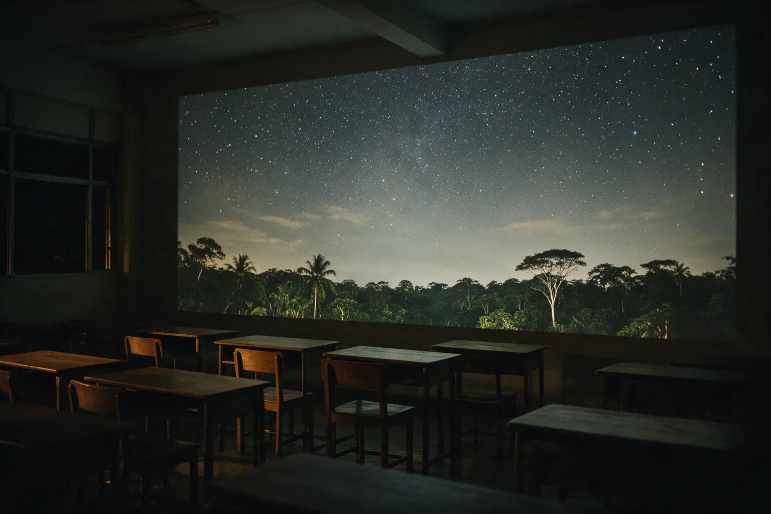 Illustrative empty classroom at night with a starry sky projected across the front wall
