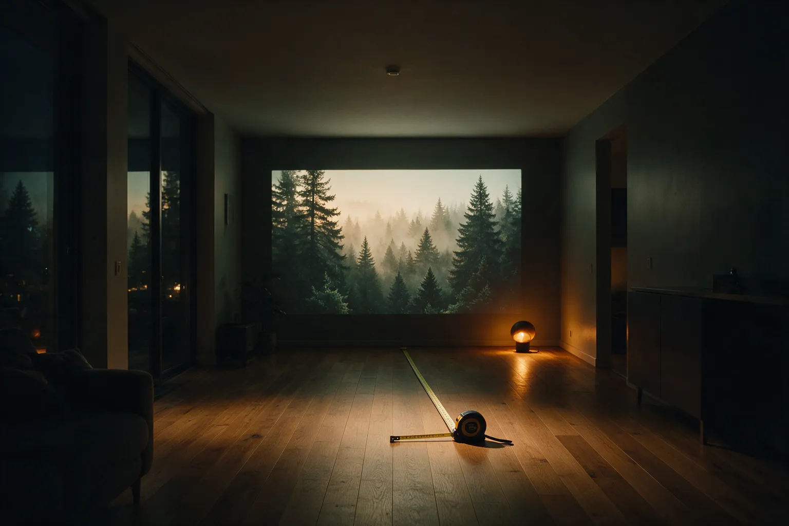 Illustrative living room at night with a measuring tape laid out toward a projected forest on the far wall
