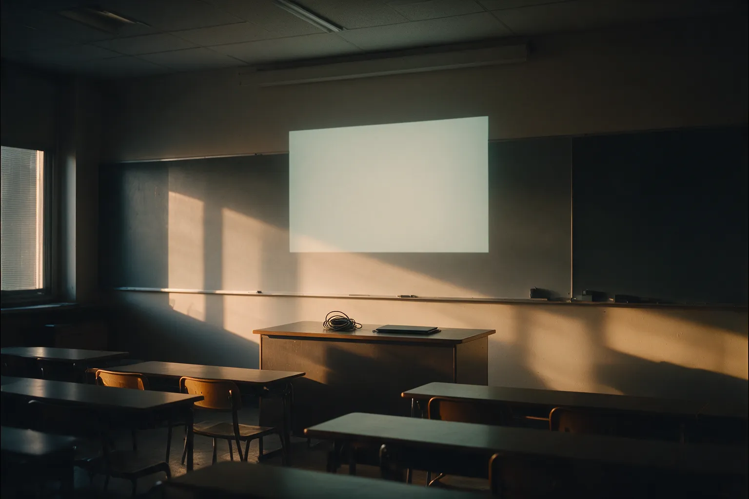 Illustrative classroom before a lesson, with a coiled cable and closed laptop on the teacher's desk and an empty rectangle of projected light