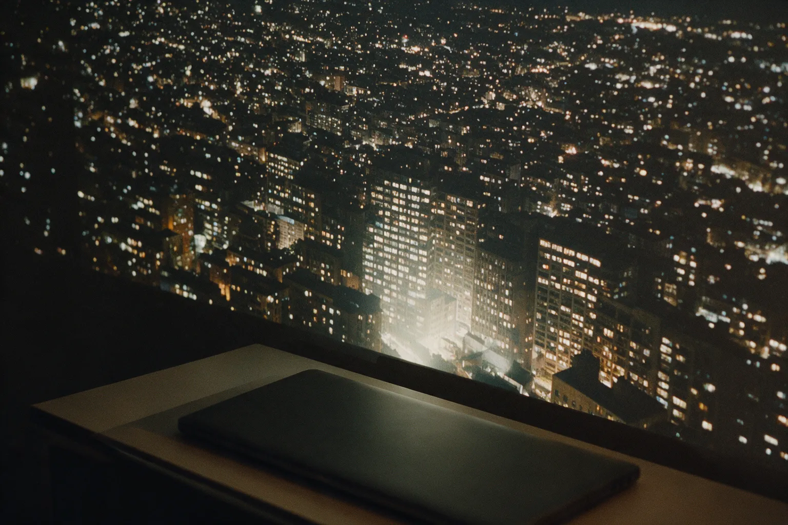 Illustrative projection of a city at night seen from above, thousands of fine window lights, beyond a closed laptop on a desk
