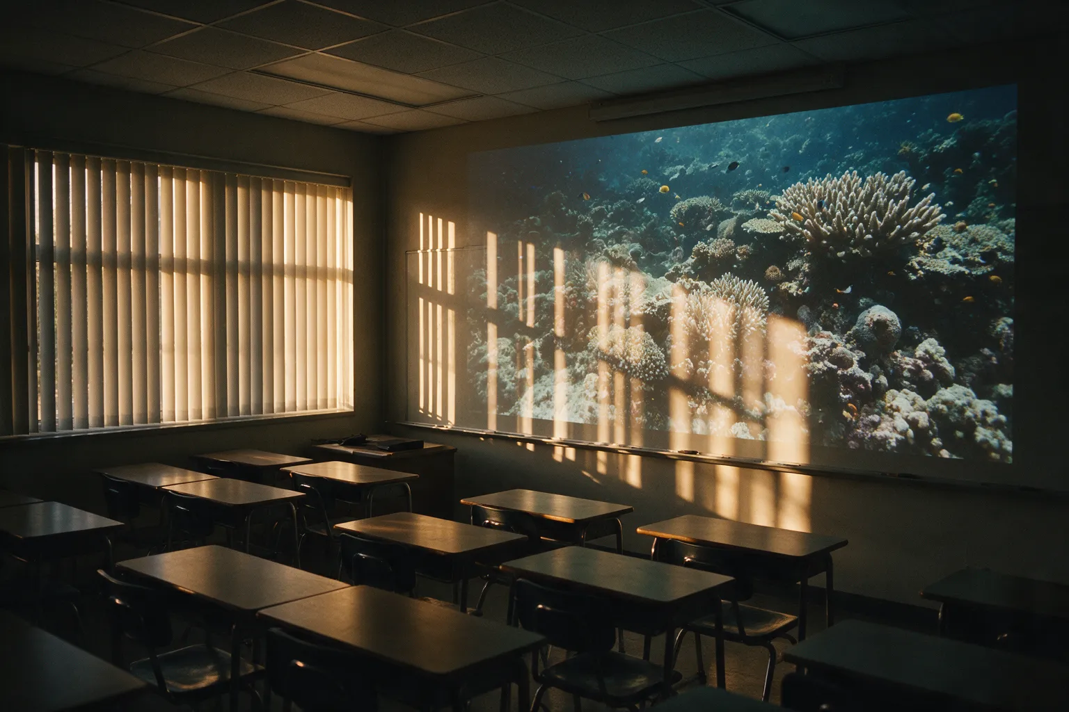 Illustrative classroom in late-afternoon light, where daylight through the blinds washes out part of a projected coral reef