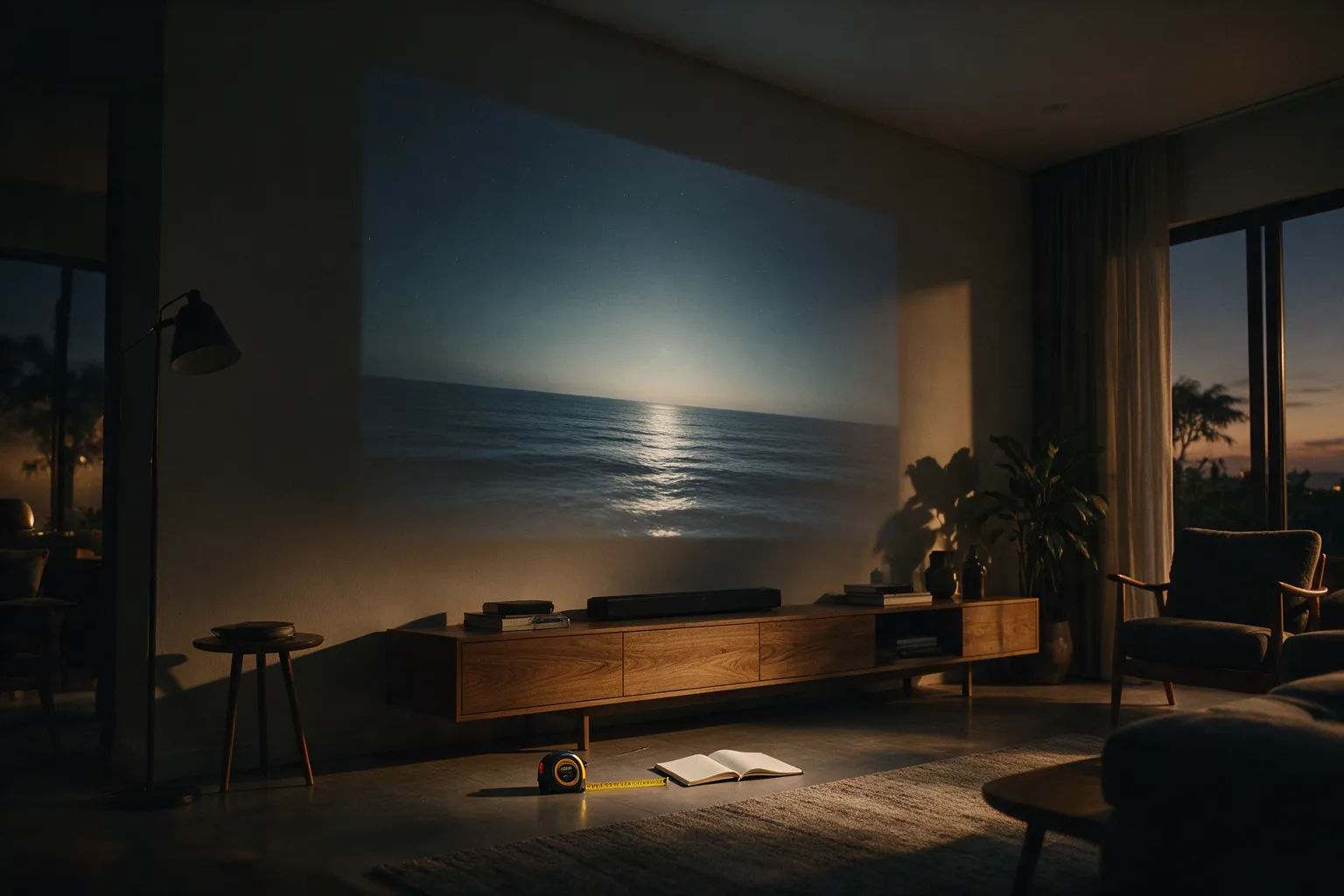Illustrative living room at dusk with a measuring tape and notebook on the floor before a projected ocean horizon