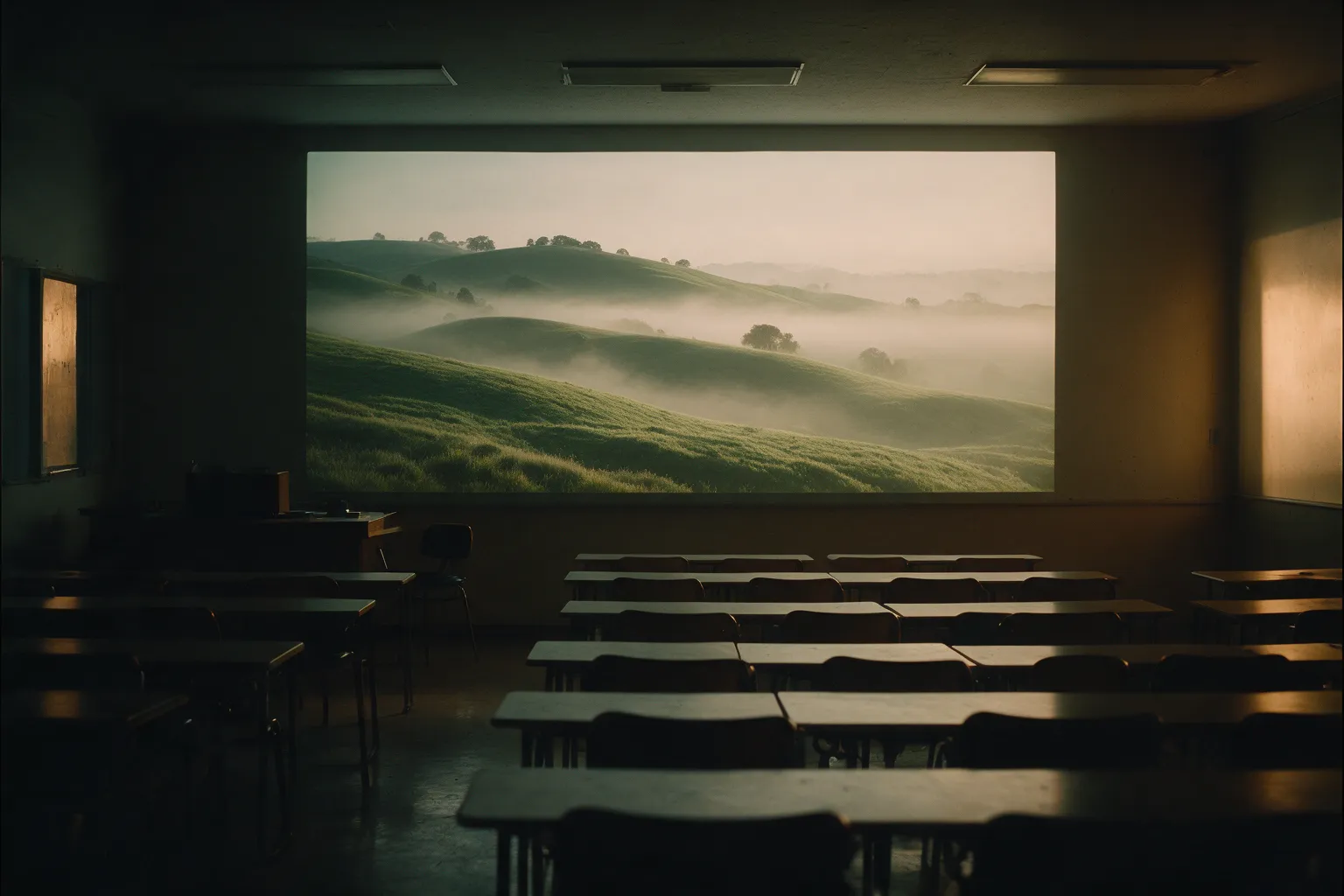 Illustrative empty classroom seen from the back row, with misty green hills projected across the front wall